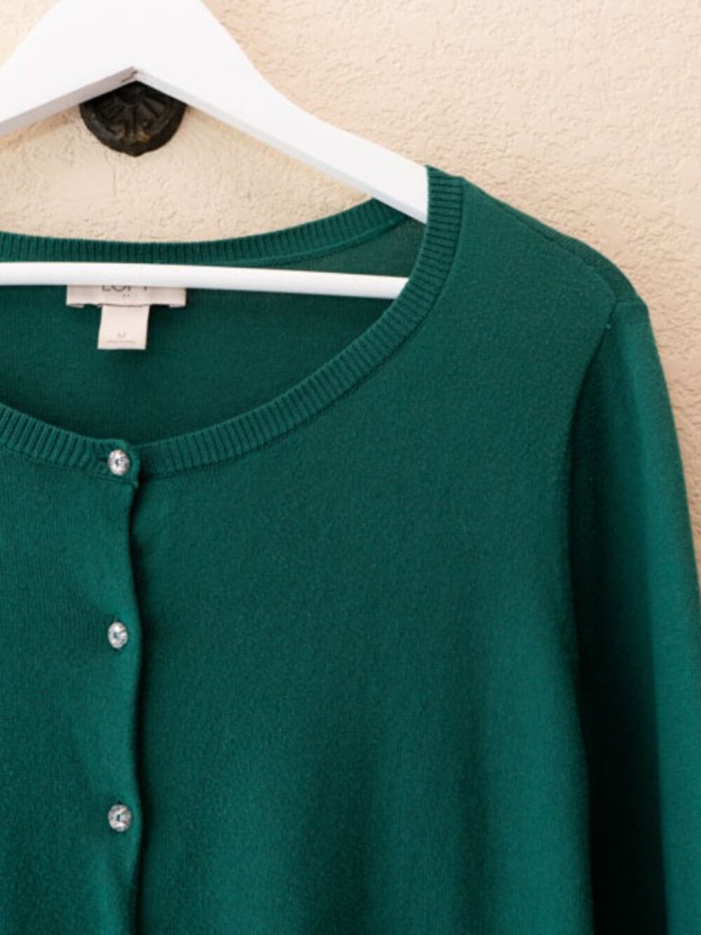 LOFT Green Cardigan M Button Front Cotton Sweater Lightweight Classic Preppy - Picture 4 of 12